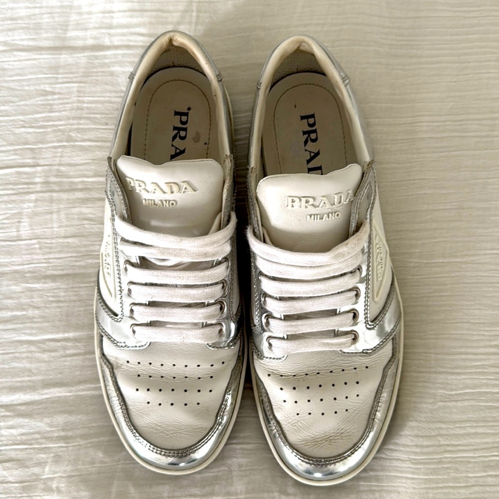 Prada. Silver and white sneakers. Used. Size 39
